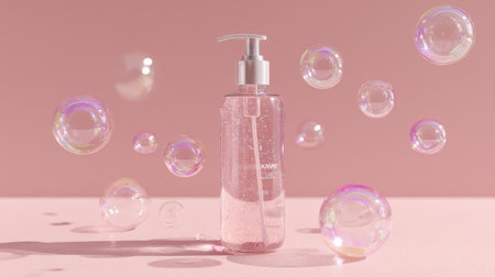 A stylish cosmetic bottle with a pump stands gracefully amidst colorful bubbles on a soft pink surface, creating an elegant scene ideal for skincare and beauty marketing.の素材