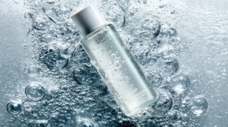 A clear cosmetic bottle floats in water, surrounded by bubbles, capturing the essence of freshness and elegance in skincare and beauty products for a calming atmosphere.の素材