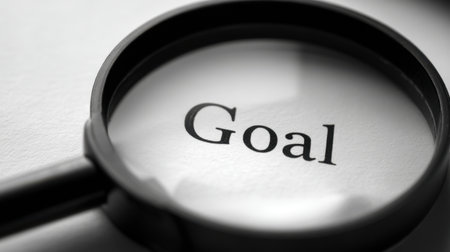 This image features a magnifying glass highlighting the word 'Goal,' representing clarity and focus in pursuing ambitions and personal growth in various aspects of life.の素材