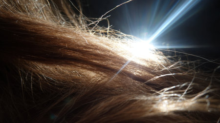 A mesmerizing close-up shot showcasing sunlight illuminating the delicate strands of brown hair, highlighting soft textures and natural beauty in an artistic manner.の素材