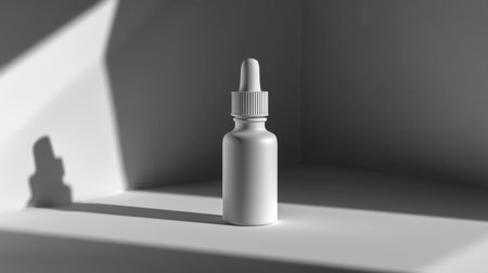 A serene image of a minimalist white dropper bottle set against a clean surface. The shadows create a captivating atmosphere perfect for product photography and branding.の素材