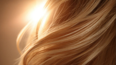 A close-up view capturing the intricate details of shiny long hair illuminated by warm backlight. This image evokes feelings of beauty and elegance perfect for fashion and hair care themes.の素材