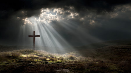 A serene image featuring a cross on a hill, shrouded in dramatic clouds and rays of light. This composition evokes feelings of hope, peace, and spiritual reflection in nature.の素材