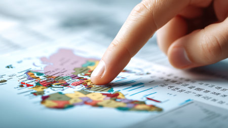 A close-up image of a finger pointing at a colorful map of Europe, showcasing various countries and landmarks, perfect for travel and educational themes.の素材