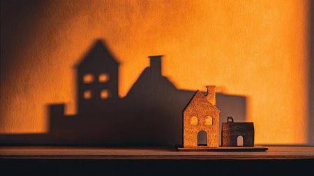 This striking image showcases wooden house models casting intriguing shadows against a softly lit orange wall, creating a warm and inviting indoor atmosphere.の素材