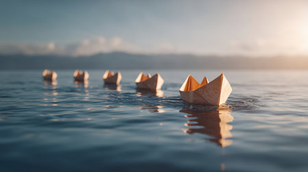 A picturesque scene featuring delicate paper boats gliding across still water at sunrise, capturing the beauty of nature and evoking a sense of peace and nostalgia.の素材