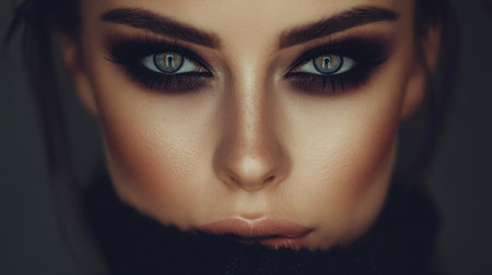 A captivating close-up portrait of a woman featuring striking eyes and bold makeup. The dramatic lighting and detailed facial features create an elegant and alluring atmosphere.の素材