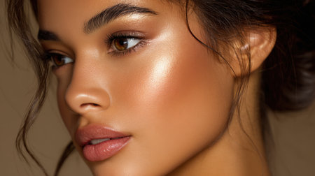 This close-up portrait showcases a young woman's radiant skin and delicate features, emphasizing her natural beauty and light makeup against a soft backdrop.の素材