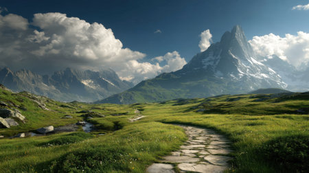 A captivating mountain landscape features a winding stone path leading through lush green terrain, framed by towering peaks under a dramatic sky. Ideal for nature lovers.の素材