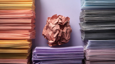 This image captures a unique arrangement of colorful paper sheets with a crumpled ball at the center, symbolizing creativity and artistic exploration in a workspace setting.の素材