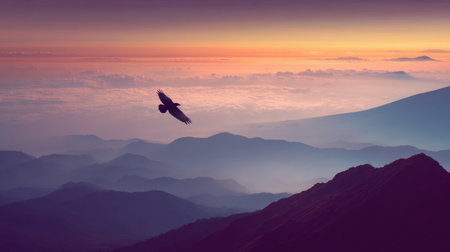 A captivating scene of a bird in flight, gracefully navigating a breathtaking mountain landscape at sunrise. The soft colors of dawn illuminate the serene atmosphere.の素材