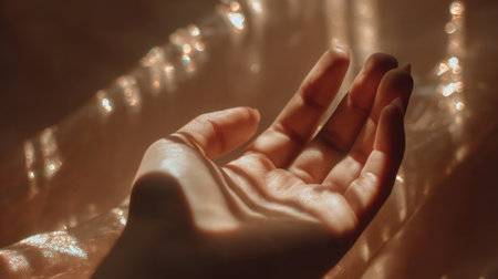 A close-up view of a delicate human hand reaching out, bathed in soft natural light that creates beautiful shadows and highlights, evoking feelings of warmth and tranquility.の素材