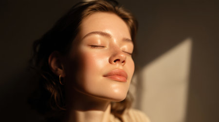 A tranquil moment captures a young woman's radiant beauty as she basks in soft natural light, embodying self-love and the essence of inner peace.の素材