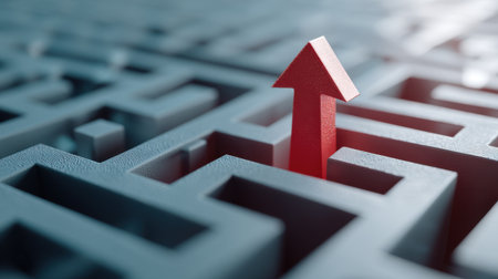 A striking red arrow emerges from a complex maze, symbolizing success and the journey through challenges. This image represents determination and innovative thinking.の素材