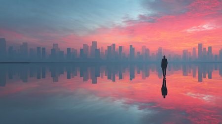 A mesmerizing scene featuring a solitary figure standing against a stunning urban skyline at sunrise, with vibrant colors reflecting on calm water, evoking tranquility.の素材
