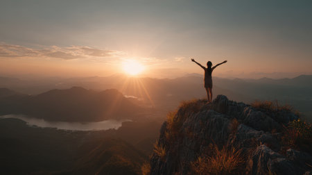 A stunning silhouette of a person standing triumphantly on a mountain peak during sunrise, capturing the essence of freedom and the beauty of nature's landscapes.の素材