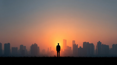 A solitary businessman stands in silhouette against a stunning sunset, showcasing a vibrant city skyline filled with modern architecture. The scene evokes inspiration.の素材