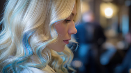 A serene portrait of a woman with long, flowing blonde hair featuring vibrant blue highlights, demonstrating beauty and elegance in a stylish salon environment.の素材