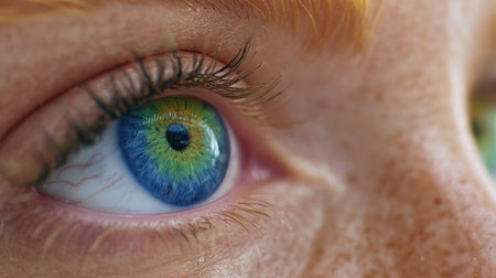 This captivating close-up image features a multi-colored eye with vibrant hues of blue and green. The intricate details showcase unique textures and freckles, highlighting beauty.の素材