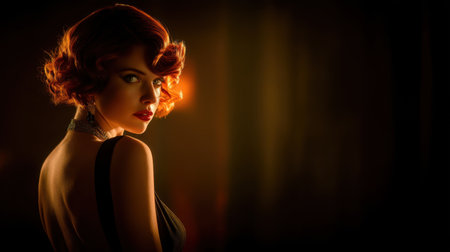 A stunning portrait of a young woman styled with a vintage hairstyle, exuding elegance and charm under soft, golden light, perfect for fashion and beauty themes.の素材