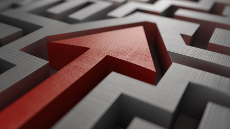 A striking red arrow stands prominently within a grey maze, symbolizing the journey through obstacles and the quest for innovative solutions in decision-making.の素材