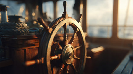 Captivating close-up of a ship's wooden wheel highlighted by soft morning light, creating a serene maritime atmosphere perfect for travel and adventure themes.の素材