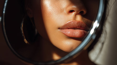 A stunning close-up portrait of a woman showcasing glossy lips and smooth skin as she gazes through a mirror, capturing the essence of beauty and elegance.の素材