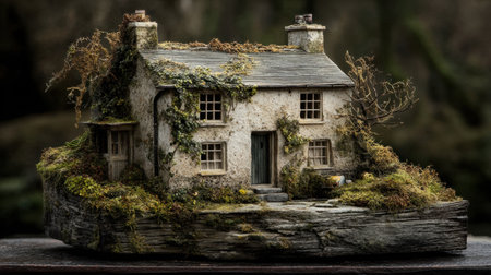 This enchanting miniature stone cottage features intricate details of moss and vines, beautifully set on a rustic wooden base, perfect for home dの素材
