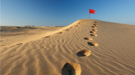 A captivating desert scene showcasing a series of footprints in the soft sand leading towards a bright red flag atop a dune, all under a clear blue sky.の素材