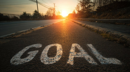 A stunning sunrise illuminates a quiet road marked with the word "Goal," inspiring thoughts of ambition and the journey to achieving personal dreams and aspirations.の素材