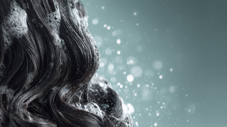A visually striking close-up image of glossy black hair richly adorned with bubbles and droplets, set against a soft green background, ideal for hair care promotions.の素材