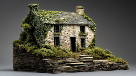 This captivating model features a rustic stone cottage entwined with lush greenery and moss, embodying a serene and artistic representation of nature's beauty.の素材