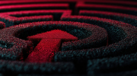 This image captures a close-up view of a textured labyrinth with an upward arrow, symbolizing direction and the journey through challenges in an abstract style.の素材
