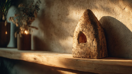 A beautifully crafted stone sculpture with a unique window design rests on a wooden shelf, bathed in warm ambient light, enhancing a serene and cozy atmosphere.の素材
