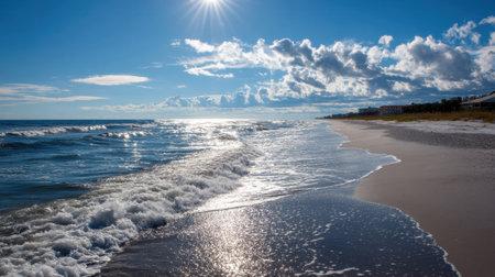 A breathtaking coastal scene featuring gentle waves lapping against a sunlit beach. The clear sky and fluffy clouds create a serene ambiance perfect for relaxation.の素材