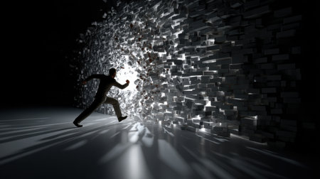 A silhouette of a person running towards a luminous opening, symbolizing the pursuit of freedom and new opportunities while overcoming challenges and obstacles.の素材