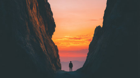 A captivating image of a person silhouetted between towering rocky cliffs as a stunning sunset provides a warm glow, creating a serene and inspiring atmosphere in nature.の素材