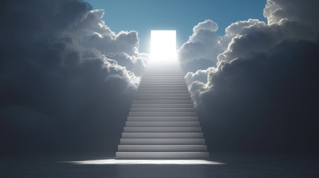 A surreal staircase ascends to an open portal, bathed in bright light against a backdrop of dramatic clouds, representing hope and the journey toward enlightenment.の素材