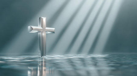 A stunning crystal cross stands on a serene surface, illuminated by soft rays of light. This image embodies themes of faith, tranquility, and inspiration.の素材