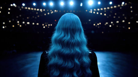 A woman with long flowing blue hair stands on stage, illuminated by dramatic lights, gazing towards a blurred audience in a captivating night event setting.の素材