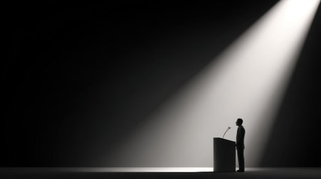 A lone speaker stands at a podium under a dramatic spotlight on an empty stage. This minimalist scene captures the essence of public speaking, focus, and communication.の素材