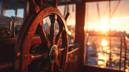A beautifully lit wooden wheel of a sailboat frames a stunning sunset by the harbor, embodying serenity and the excitement of nautical journeys on calm waters.の素材