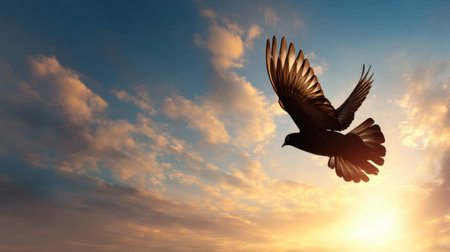 A captivating image of a bird soaring through a vibrant sunset sky, showcasing a beautiful silhouette against colorful clouds. This scene embodies freedom and the splendor of nature.の素材