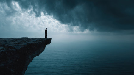 A solitary figure stands on the edge of a cliff, gazing at an expansive ocean beneath dark, dramatic clouds. The scene evokes emotions of solitude and contemplation.の素材