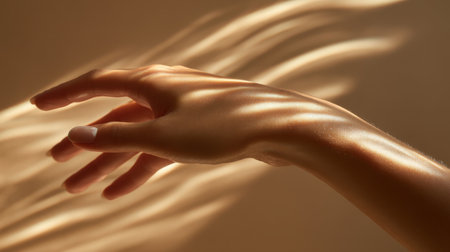A close-up image of a woman's hand gracefully reaching out, illuminated by soft light, creating beautifully intricate shadows against a warm, smooth background.の素材