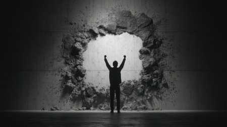 A powerful monochrome image featuring a silhouette celebrating through a broken wall, symbolizing overcoming challenges and the pursuit of freedom and success.の素材