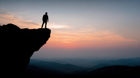 A dramatic silhouette of a lone figure standing on the edge of a cliff at sunrise, showcasing the serene beauty of nature and the inspiring moment of reflection.の素材