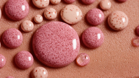 This stunning close-up image captures glossy pink water droplets on a soft, textured background, providing an artistic and abstract aesthetic perfect for creative projects.の素材