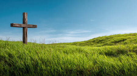 A solitary wooden cross rises amidst a vibrant green field, under an expansive blue sky, symbolizing faith and peace, perfect for themes of spirituality and tranquility.の素材
