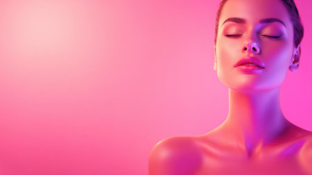 A captivating beauty portrait featuring a serene model with closed eyes against a soft pink background. The image evokes feelings of relaxation, elegance, and tranquility.の素材